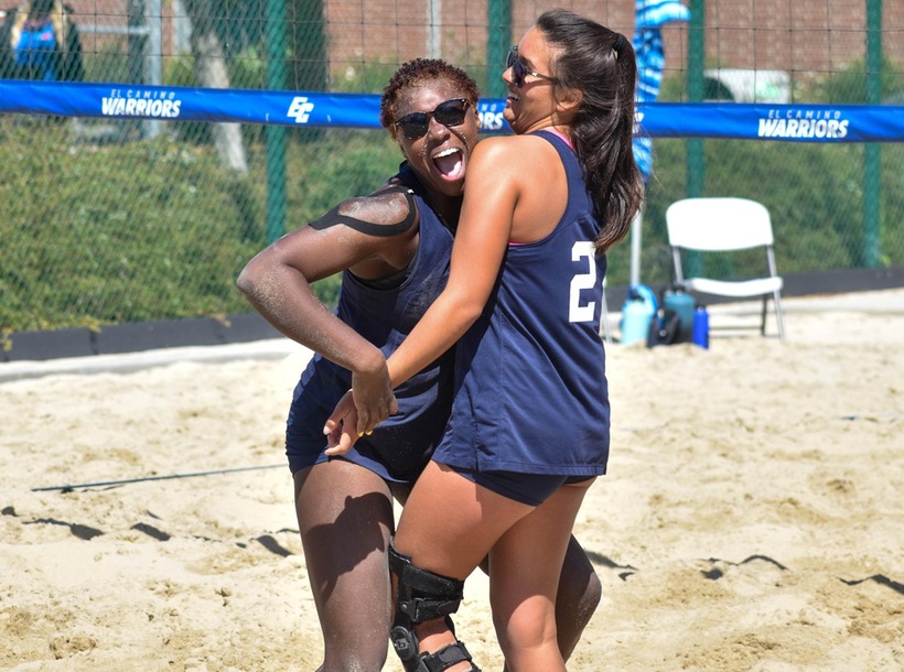 ECC celebrates first SCC beach volleyball title.