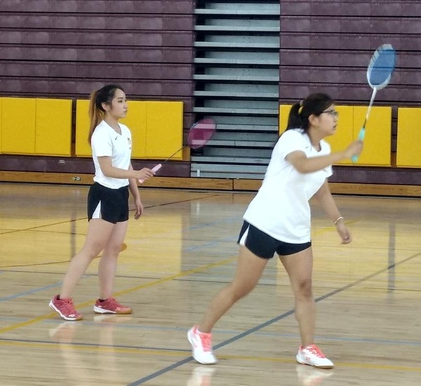 PCC's top doubles pair of Cindy Zhao (right) and Nikki Ching.