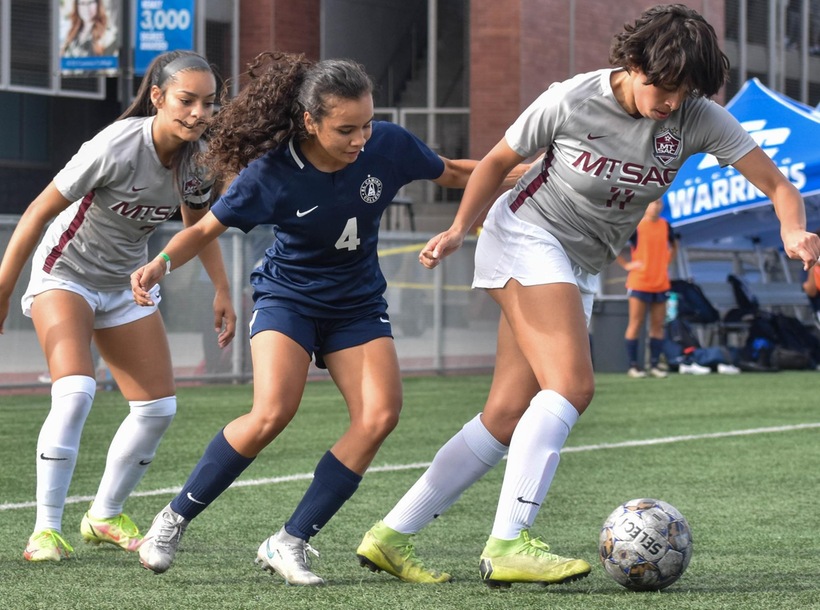 Mt. San Antonio (Frida Monsalvo with ball in semifinals game) wins the SCC Tournament title.